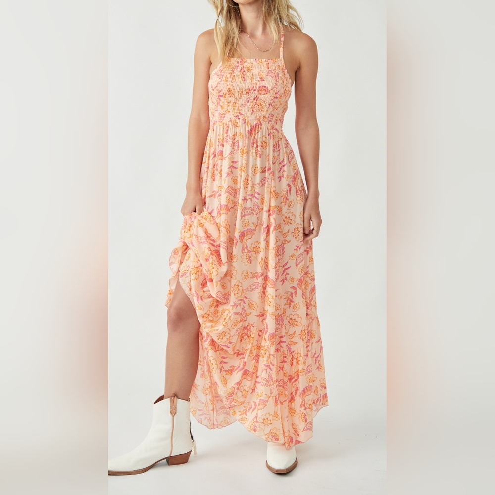 Free People Heat Wave Maxi Dress Dusk Coral Floral Print Size S Boho Summer NWOT